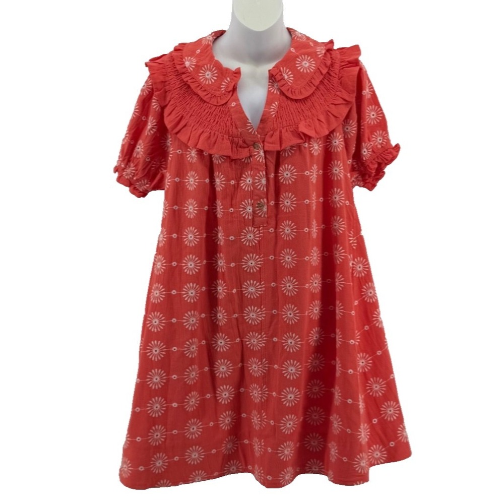 Umgee Dress Women Small Coral Embroidered Babydoll Mini Dress Pockets NWT